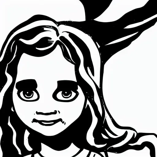 Image similar to clean simple line art of a little girl with short wavy curly hair. she is a superhero, wearing a superhero costume. white background. well composed, clean black and white line drawing, beautiful detailed face. illustration by charlie adlard and steve ditko