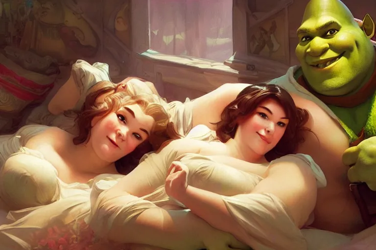 Prompt: pushkin and shrek lying in bed together, portrait, highly detailed, digital painting, artstation, concept art, smooth, sharp focus, illustration, cinematic lighting, art by artgerm and greg rutkowski and alphonse mucha