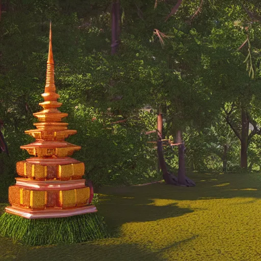 Image similar to an isometric 3 d render of a buddhist shrine in the forest, isometric, octane render, sunbeams