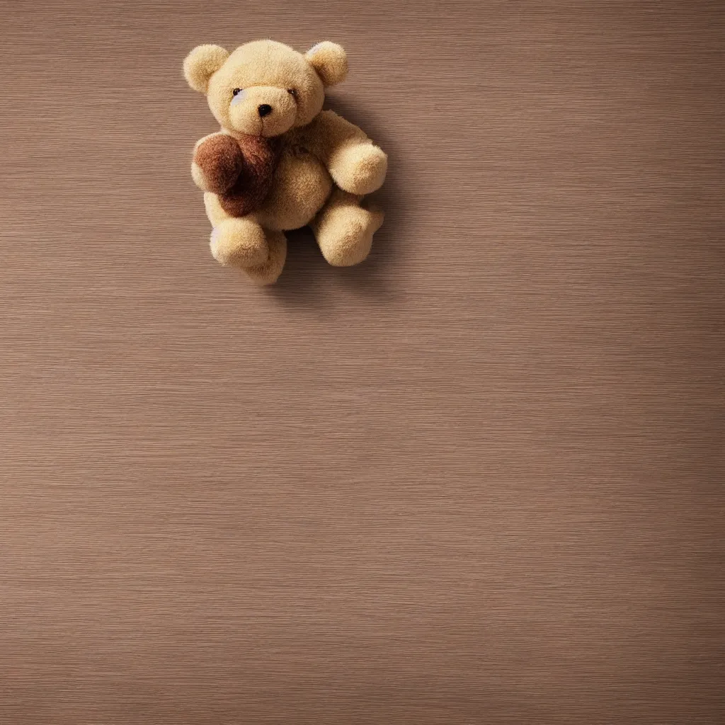 Image similar to top down view with teddy bear on top of wooden table, wallpaper, 4k, photorealistic