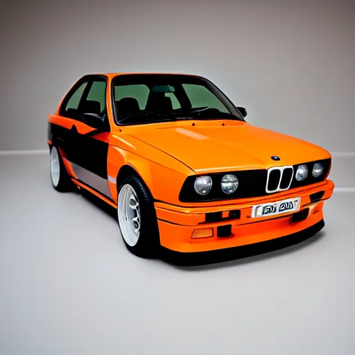 Prompt: orange bmw e 3 0 m 3, floating in outer space