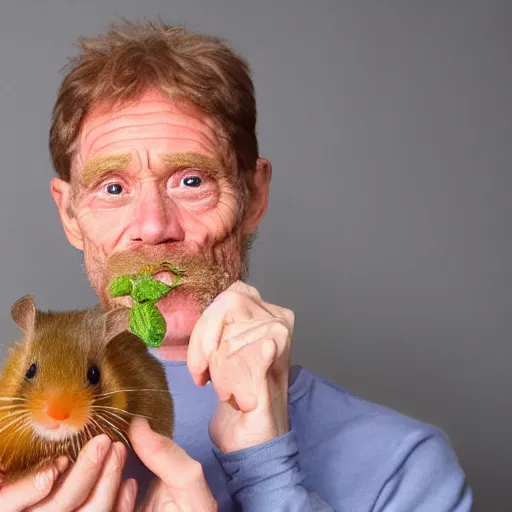 Prompt: A realistic photo of Willem Defoe holding two hamsters