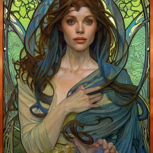 Image similar to a painting in the style of donato giancola, and in the style of loish, and in the style of alphonse mucha. smooth, sharp focus, semi - realism, symmetry.