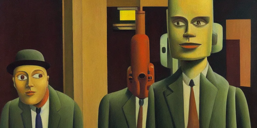Image similar to salesman robot with shifty eyes portrait, grant wood, pj crook, edward hopper, oil on canvas