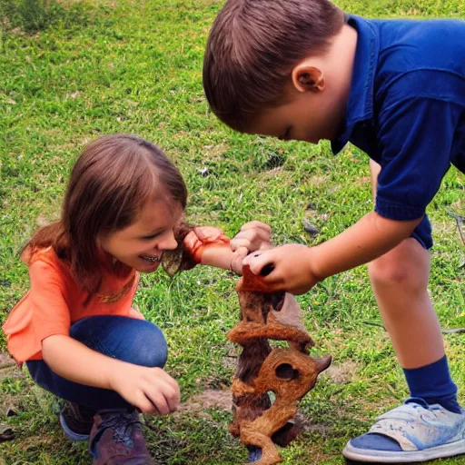 Image similar to two kids discovering an animal that does not exist