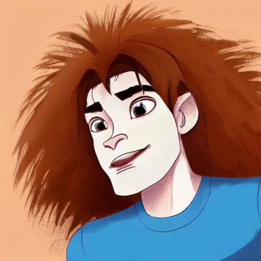 Image similar to a full-height portrait from afar of Simba form the Lion King look like an ordinary human boy with beautiful hear and head, wearing a white T-shirt and blue jeans, humanisation, digital art style