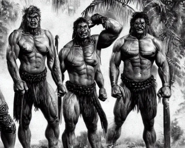 Prompt: hyper realistic group vintage photograph of an orc warrior tribe in the jungle, tall, muscular, hulk like physique, tribal paint, tribal armor, grain, old