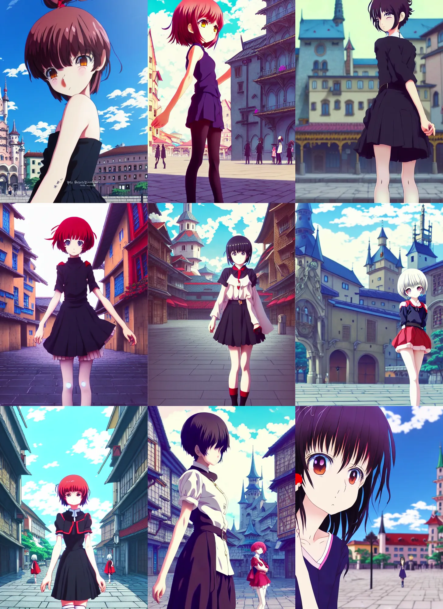 Prompt: anime frames, anime visual, full body portrait of a young woman in the medieval city square looking at the fantasy palace in the distance, cute face by ilya kuvshinov, rumiko takahashi, dynamic pose, dynamic perspective, rounded eyes, moody, psycho pass, kyoani, yoh yoshinari