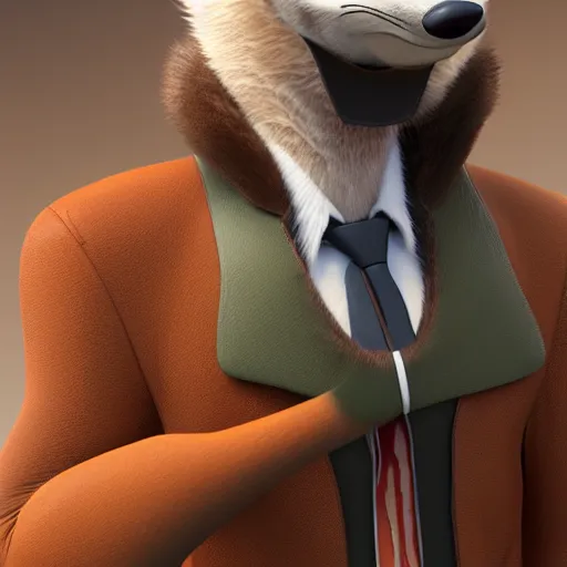 Prompt: portrait, 3 d render, anthropomorphic coyote male, wearing along brown leather jacket, in the style of zootopia