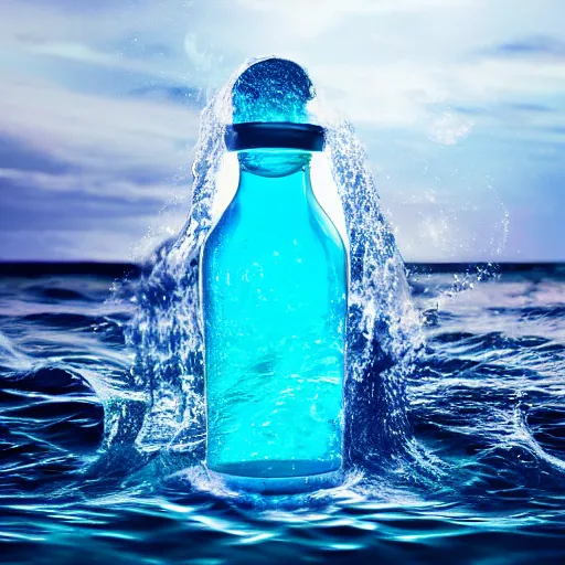 Prompt: water art manipulation in the shape of a human head in a bottle shape, on the ocean water, futuristic, glowing, hyper realistic, ray tracing, realistic water splashes, sharp focus, long shot, 8 k resolution, cinematic, photoshop art
