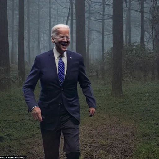 Image similar to joe biden seein in the foggy woods with a devilish grin in his face in the new horror movie, creepy