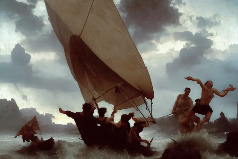 Image similar to ancient historically accurate depiction of Bible Character walking on water during a storm, a small fishing sailboat with scared sailors on board, dramatic lighting by frank miller, illustration by Ruan Jia and Mandy Jurgens and William-Adolphe Bouguereau, Artgerm, 4k, digital art, surreal, space dandy style, highly detailed, godsend, artstation, digital painting, concept art, smooth, sharp focus, illustration by Ruan Jia and Mandy Jurgens and William-Adolphe Bouguereau, Artgerm