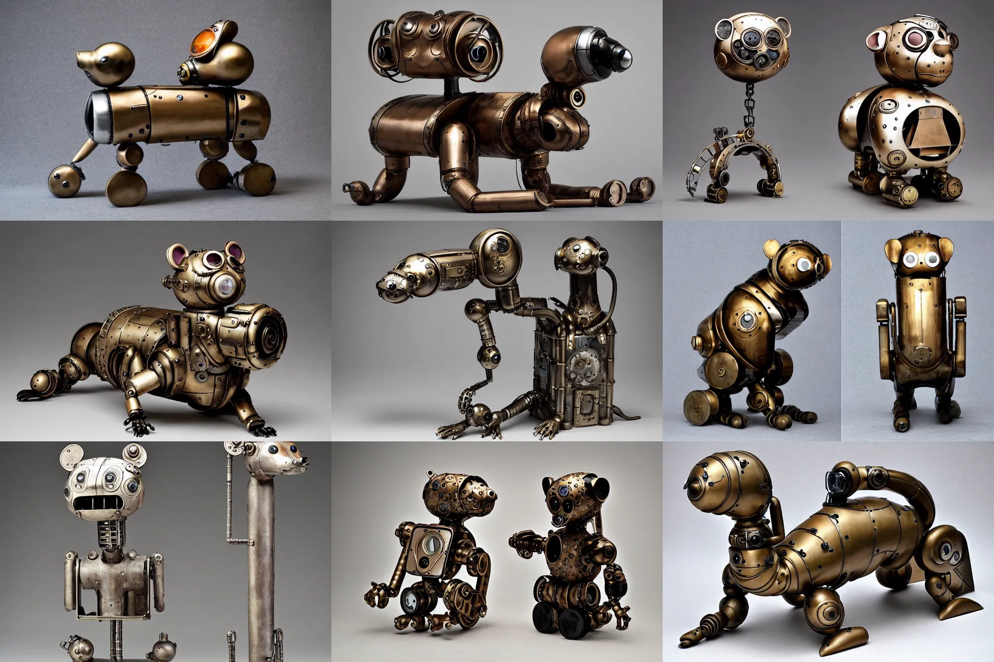 Prompt: futuristic steampunk ferret - shaped pet - robot, steampunk ferret - inspired robot, borderlands - inspired ferret - shaped robot, created by louise bourgeois, louise nevelson, alberto giacometti