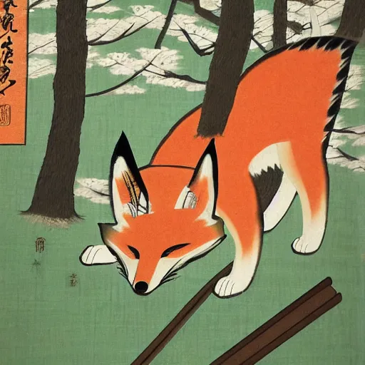 Image similar to samurai fox with a katana. sakura forest in the background. old japanese painting. fresco