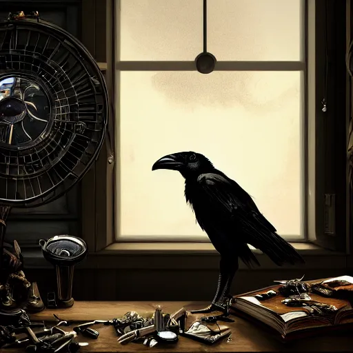 Prompt: Black Raven Perching Under an Open Window on the Table of a Workroom with Clockwork Parts and Metal Pieces and a Few Black Feathers on the Table, Crisp, Clear, Focused, Sunlight Streaming in through the Window, Digital Art on Artstation