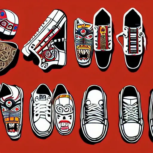 Image similar to sneaker design designed by studio ghibli, aztec mayan street fashion native punk sneaker design, majora's mask, wearing wooden mask, hip hop sneaker design with subtle mayan patterns, gapmoe yandere grimdark, trending on pixiv fanbox, painted by greg rutkowski makoto shinkai takashi takeuchi studio ghibli, akihiko yoshida