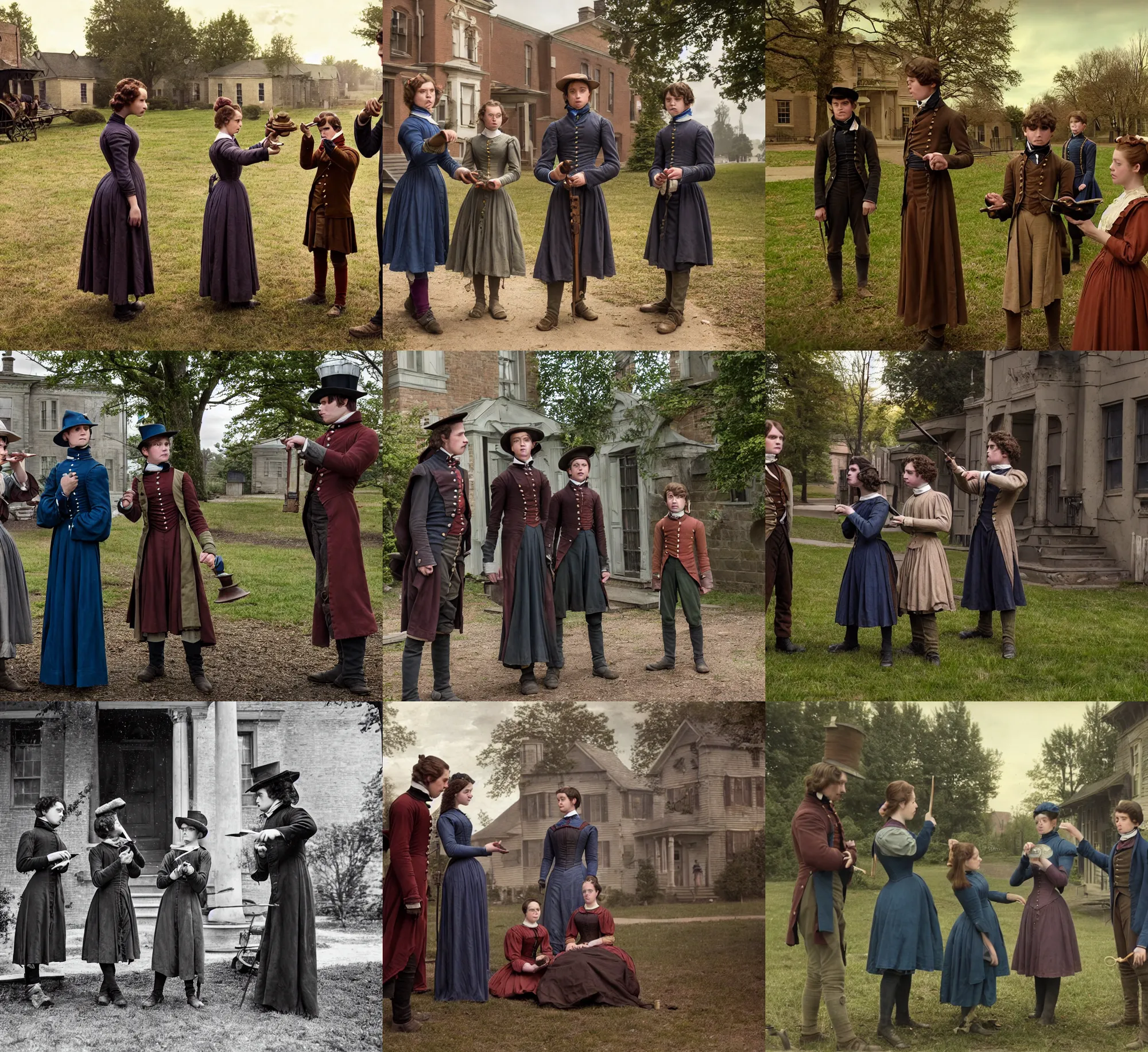 Prompt: sharp lens, detailed, film still from a 2 0 1 9 sci fi blockbuster color movie, set in 1 8 5 0 in an alternate universe, mid distant shot of three students practicing magic, outside the school of magic, 1 8 5 0 s clothing, atmospheric lighting, in focus, real faces, 3 5 mm macro lens, live action, good special effects