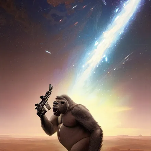 Image similar to detailed science - fiction character portrait of a silverback gorilla shooting a alien gun in space, intricate, wild, highly detailed, digital painting, artstation, concept art, smooth, sharp focus, illustration, art by artgerm and greg rutkowski and alphonse mucha