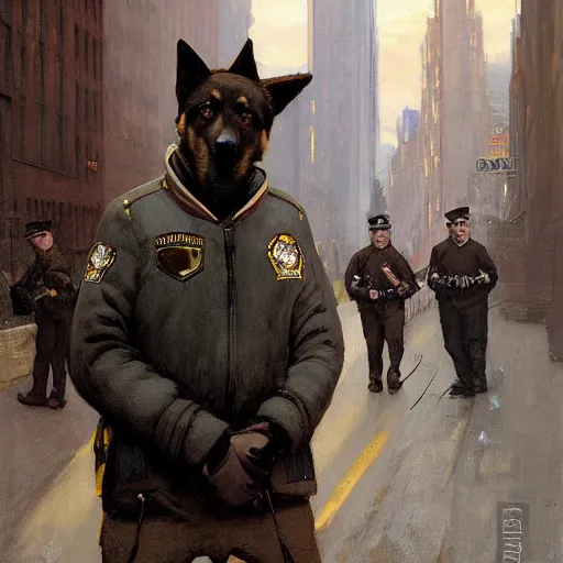 Image similar to new york city portrait of furry anthro anthropomorphic german shepard head animal person fursona wearing clothes nypd traditional police uniform in the alley, sunny day, digital art by Nerdrum John, William Waterhouse, Winslow Homer, Alex Heywood, Jordan Grimmer, Darren Quach, Greg Rutkowski, Simon Stalenhag, trending on Artstation, CGSociety