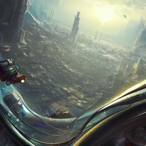 Prompt: a monkey piloting a glass spaceship emerging from the clouds behind the cyberpunk city top view | highly detailed | very intricate | cinematic lighting | by asher brown durand and eddie mendoza | featured on artstation