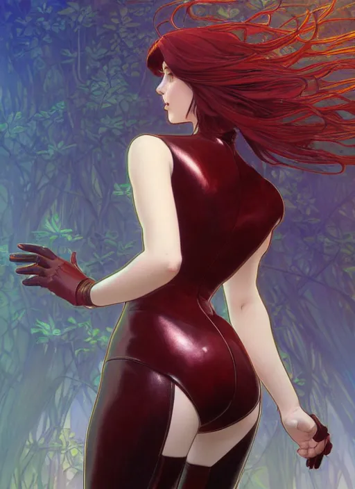 Image similar to pretty young woman with shoulder length shiny shimmering dark red hair and wearing leather high - tech suit, path traced, highly detailed, high quality, digital painting, by studio ghibli and alphonse mucha, leesha hannigan, makoto shinkai, disney