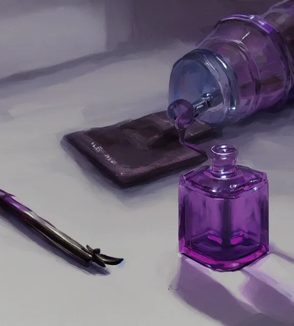 Image similar to a closeup of a purple potion in a round bottle on a messy desk. by makoto shinkai, stanley artgerm lau, wlop, rossdraws, james jean, andrei riabovitchev, marc simonetti, krenz cushart, sakimichan, d & d trending on artstation, digital art