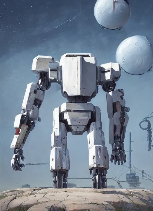 Prompt: an intricate oil painting of a giant pristine white android jagged mech robot with rounded components and tarpaulin cloak by simon stalenhag, inspired by nier : automata, clean white lab background