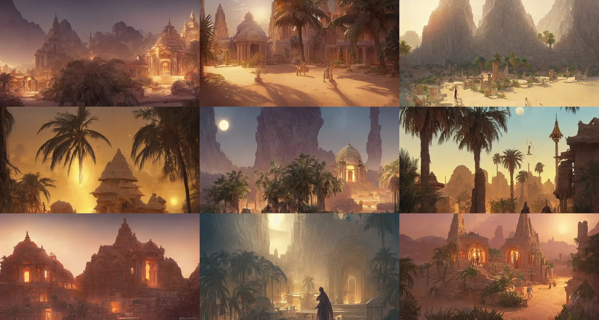 Prompt: Desert City, Small houses, large temples, a small oasis, a small palm trees; night; highly detailed, digital painting, artstation, concept art, matte, sharp focus, illustration, art by Artgerm and Greg Rutkowski and Alphonse Mucha