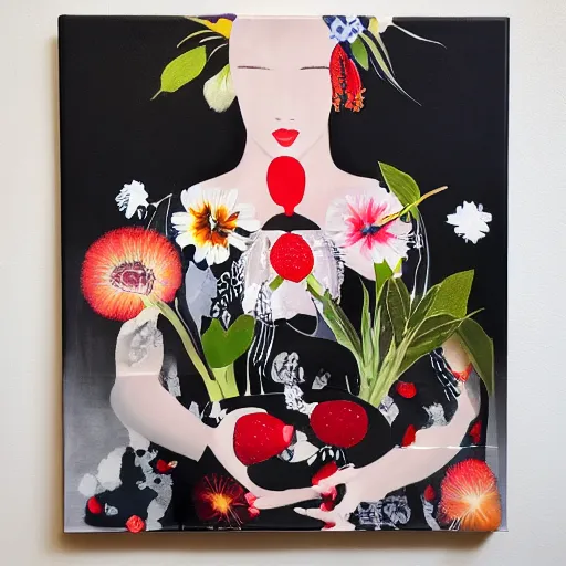 Prompt: “art in an Australian artist’s apartment, portrait of a woman wearing black silk cloth, sexy luscious fresh raspberries and strawberries and blueberries, white wax, edible flowers, Japanese pottery, Australian native flannel flowers ikebana, black walls, acrylic and spray paint and oilstick on canvas”