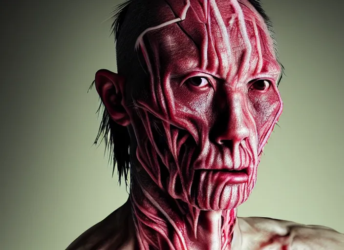 Image similar to mid shot portrait of samurai with invisible skin, visible bones and muscle and veins and nerves and internal organs, in the style of david cronenberg, high fashion, id magazine, realistic, sharp focus, 8 k high definition, film photography, photo realistic, insanely detailed, by david kostic and stanley lau and artgerm