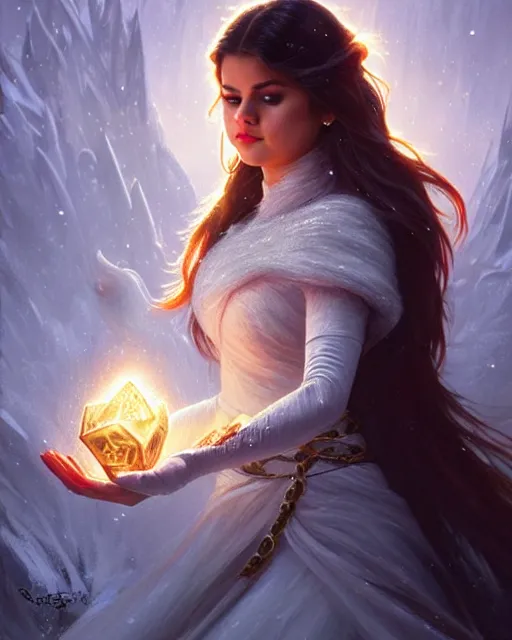 Image similar to Selena Gomez casting an frost spell, D&D, fantasy, intricate, elegant, highly detailed, digital painting, artstation, concept art, matte, sharp focus, illustration, hearthstone, art by Artgerm and Greg Rutkowski and Alphonse Mucha