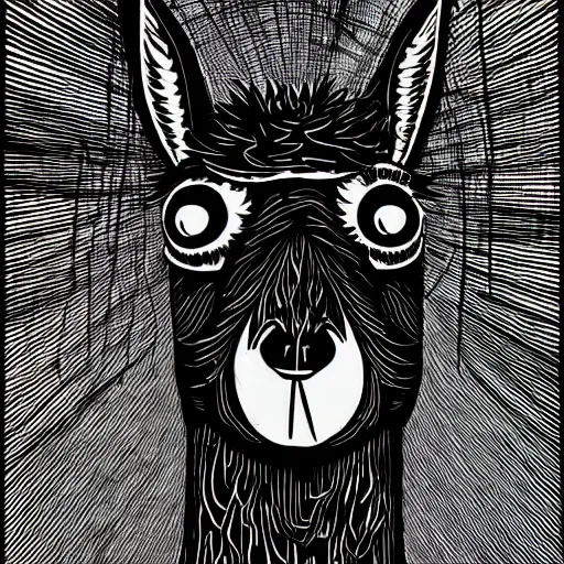 Prompt: black and white trippy comic art of a llama, lots of particles, drawn by Martin Rowson, Tim Burton, Studio Ghibli, Alex Pardee, Nekro Petros Afshar, James McDermott, cgsociety, sharp edges, high constrast, 4K