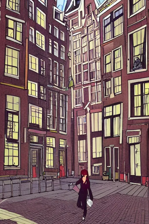 Prompt: alone in amsterdam, realistic, art by jacqueline e, color by tafy laplanche, background by bo feng lin