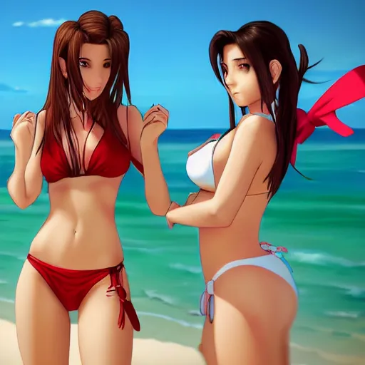 Image similar to beautiful aerith and tifa and jessie from final fantasy in a bikini on the beach making eye contact drawn by WLOP