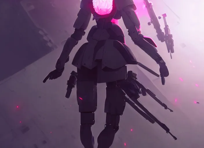 Image similar to homura akemi in mechanical exoskeleton resembling a su - 1 0 2, battlefield landscape, illustration concept art anime key visual trending pixiv fanbox by wlop and greg rutkowski and makoto shinkai and studio ghibli and kyoto animation, soldier clothing, grimdark, volumetric lighting