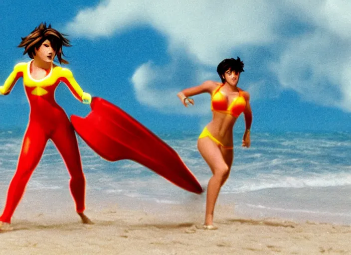 Prompt: a film still of a tracer from overwatch in baywatch 1 9 8 9