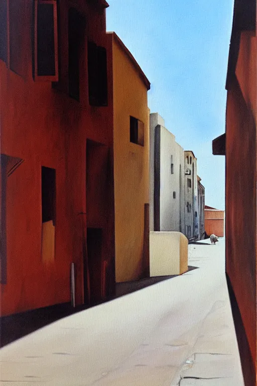 Prompt: deserted street in colonia El Viso, Madrid, realist painting by María Moreno, 1981