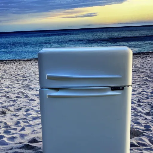 Prompt: refrigerator on the beach