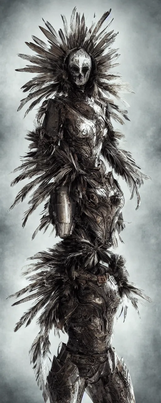 Image similar to a warrior wearing an armor made of feathers, strange energy emitting through body, scars on face, volumetric lighting, scary eyes, digital art,