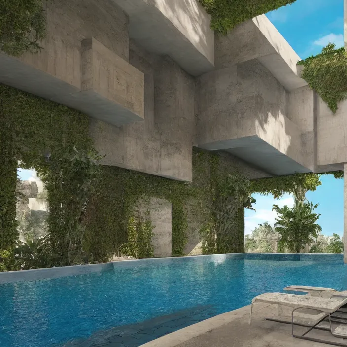 Image similar to a room with a pool in the middle of it, a digital rendering by ricardo bofill, featured on cg society, hypermodernism, vray tracing, rendered in unreal engine, liminal space