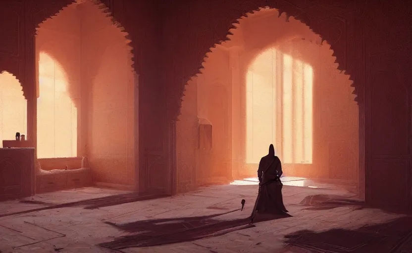 Prompt: painting of an interior Moroccan Castle in the middle of desert with dunes by Greg Rutkowski and Craig Mullins, Dark atmospheric sad and cinematic lighting, Trending on artstation