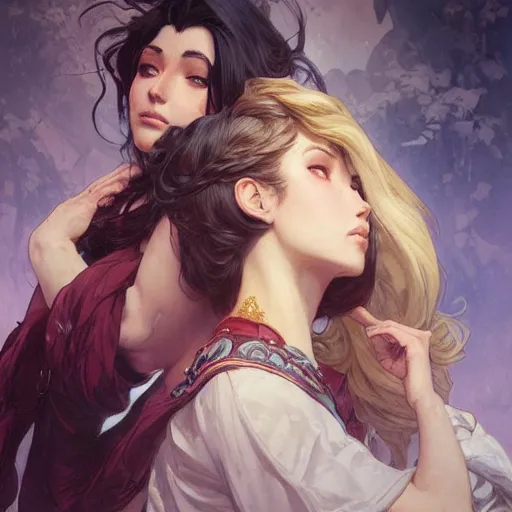 Prompt: two beautiful identical barbarians, intricate, elegant, highly detailed, digital painting, artstation, concept art, smooth, sharp focus, illustration, art by artgerm and greg rutkowski and alphonse mucha, clean detailed anime style