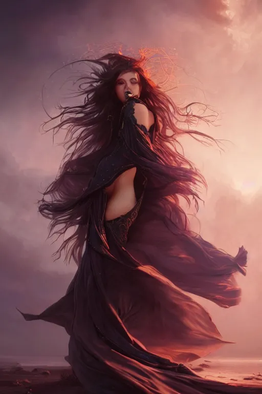 Image similar to seductive looking sorceress prays!!! magic the gathering, windy hair!, surreal dark fantasy, cinematic volumetric lights, portrait, dnd, intricate, elegant, highly detailed, digital painting, artstation, concept art, smooth, sharp focus, illustration, art by artgerm and tom bagshaw and greg rutkowski and alphonse mucha