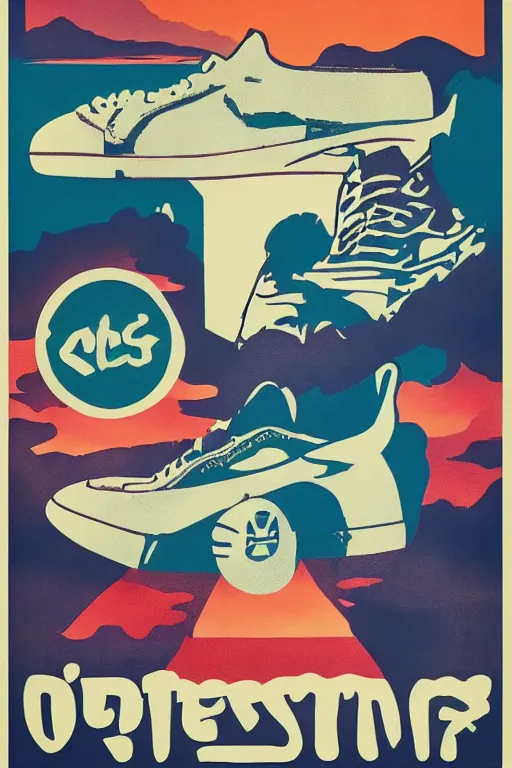 Prompt: vintage travel poster for retro sneaker