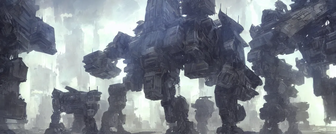 Prompt: armored core mechas battle between gigantic concrete buildings, concept art by theo prins, volumetric light, smoke