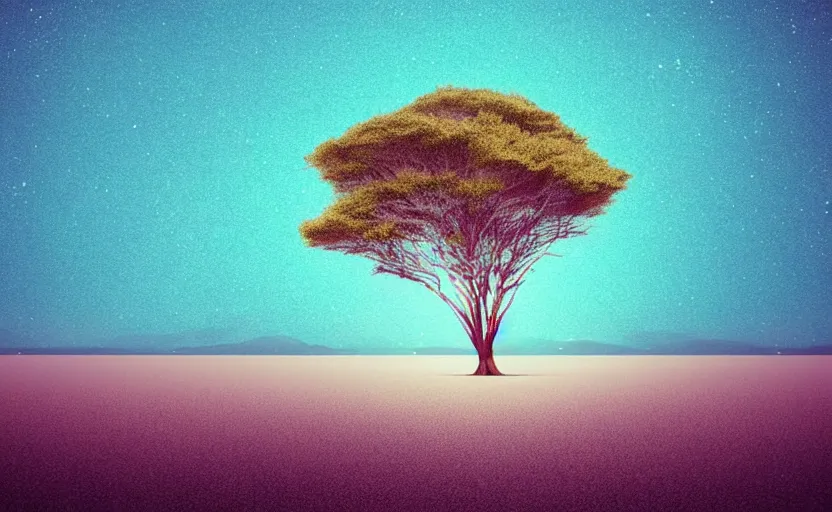 Image similar to one single stand alone huge hyperdetailed minimalist tree, seen from the long distance, at night. by the sea. maximalist unexpected elements. free sky in plain natural warm tones. 8 x 1 6 k hd mixed media 3 d collage in the style of a childrenbook illustration in pastel tones. matte matte background. no frame hd