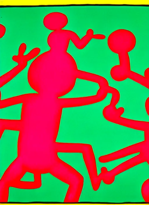 Image similar to image of beautyful female dancing with two dogs by keith haring,