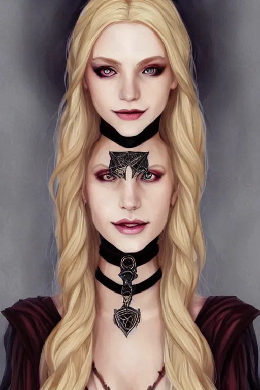 Prompt: portrait of a gorgeous female sorceress, looking at camera, D&D, choker on neck, stylish dark dress, arcane symbols, very long flowing blond hair, intricate, elegant, stylish, cute slightly nerdy smile, mouth slightly open, fantasy, extremely detailed, digital painting, artstation, concept art, smooth, sharp focus, illustration, stunning lighting, art by artgerm and greg rutkowski and alphonse mucha and simon stalenhag