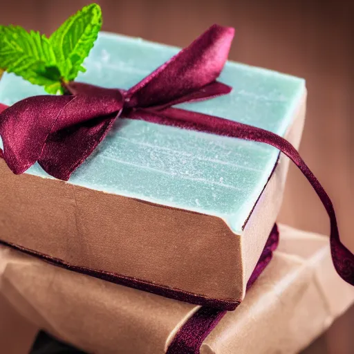 Image similar to beautiful and bright advertising, photography of a package of handmade, mint chocolate scented soap, wrapped in dark brown ribbons, studio quality, hdr 8 k photograph