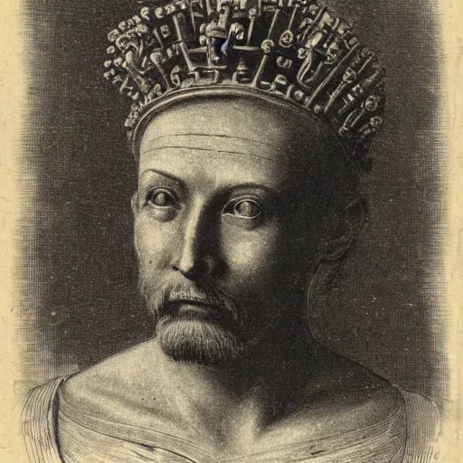 Prompt: a portrait of the head of a robot emperor with a crown of laurels ( c. 1 8 8 0 - 1 8 9 2 ) drawing in high resolution by otto eerelman